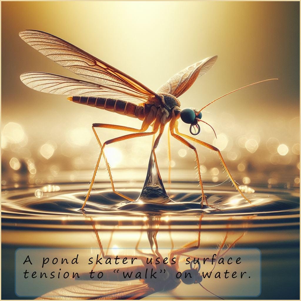 Pond skater uses surface tension to walk on the water surface.